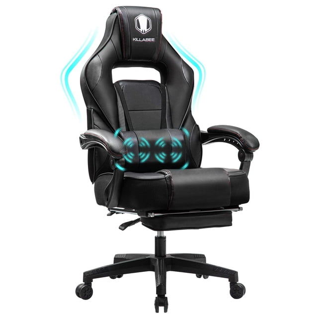 Massage Gaming Chair High Back PU Leather PC Racing Computer Desk Office Swivel Recliner with Retractable Footrest and Adjustable Lumbar Support, Black
