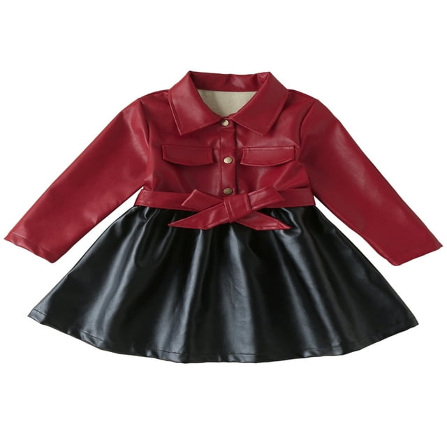 Robe à Manches Longues pour Fille, Col Rabattu, Fermeture à Boutons, Veste en Cuir PU