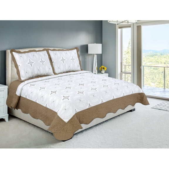 Marina Decoration Embroidered Stitching Coverlet Bedspread Ultra Soft Solid Bedding Summer Quilt Set with Quilted Sham, Brown Geometric Circles Pattern