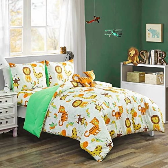 WPM Ensemble de Literie pour Enfants 4 Pcs Blanc Vert Safari Forêt Jungle Imprimé Ensemble de Couette Format Simple avec Drap Taie d'Oreiller et Jouet Duveteux Thème Amusant Tigre Singe (Vie Safari, Couette Simple)