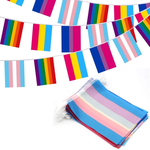 ANLEY 32pcs Assorted Rainbow String Flags - 4 Mixed Flag Banners with LGBT, Pansexuality, Bisexuality, and Transgender - Individual Flag of 8" x 5.5"(8 Flags per Each Kind)
