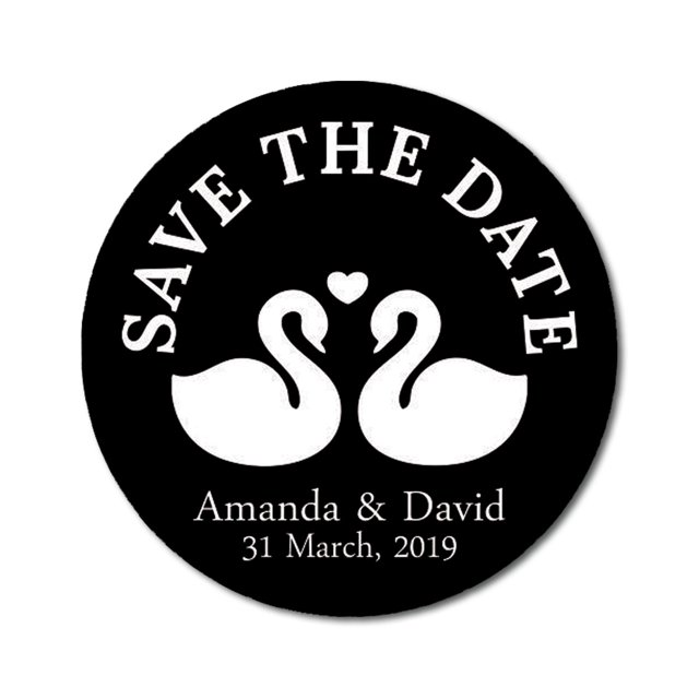 Darling Souvenir Round 45 Pcs Loving Swans Save The Date Stickers Personalized Bride Groom Names And Date Envelope Seals - Black
