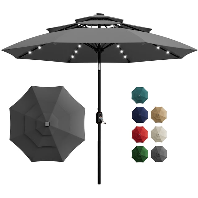 Yiwa 10ft Solar Patio Umbrella Offers a 3-Tier Design With Built-In Led Lights, Easy Crank And Push Button Tilt, Vented Top, And 8 Durable Ribs, Making It Ideal For Your Pool