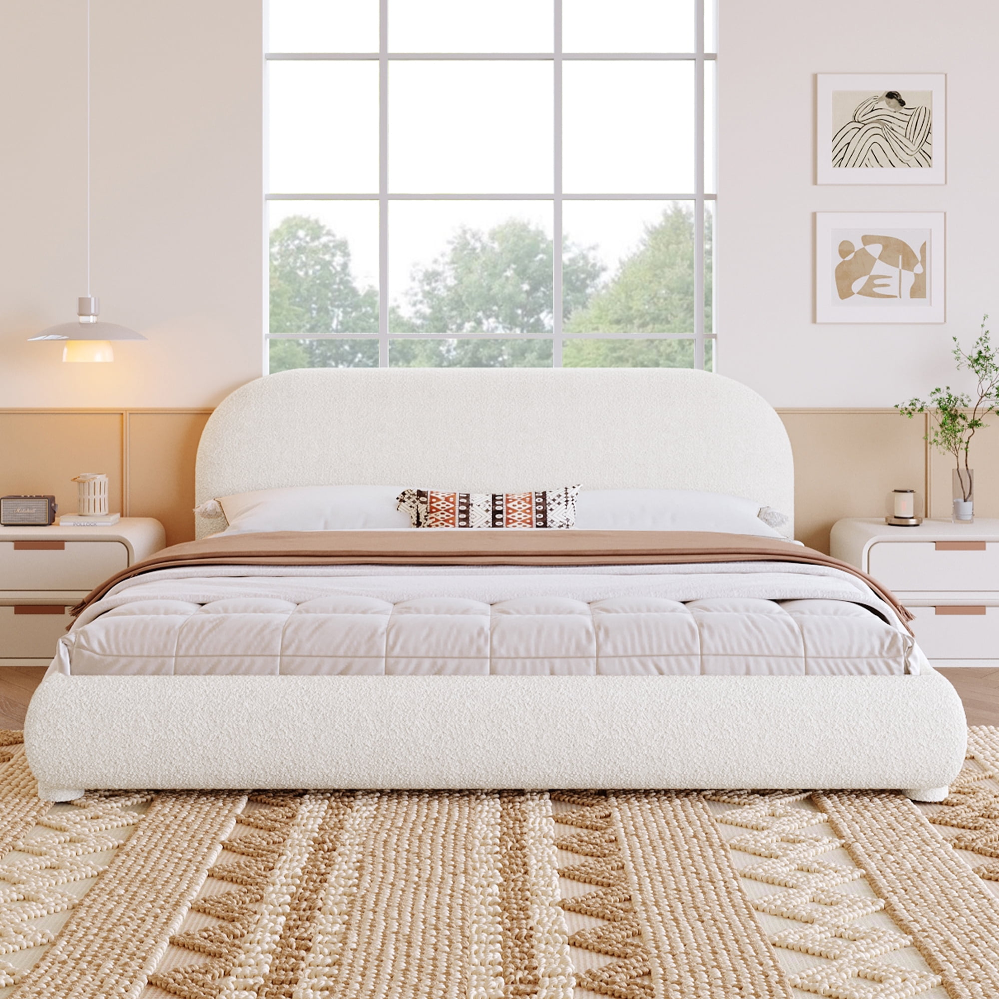 Noble House Lit rembourré Style Queen Cream, tête de lit en tissu texturé courbé avec cadre solide, blanc crémeux