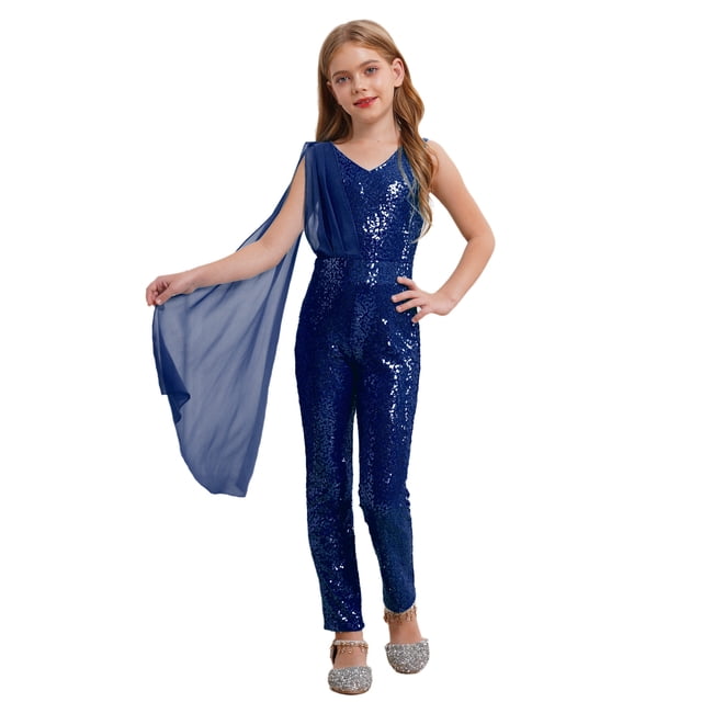Kaerm Combinaison Short à Paillettes pour Fillette Sans Manches Tenue de Danse Bal une Pièce Justaucorps pour Fête Bleu Marine 10