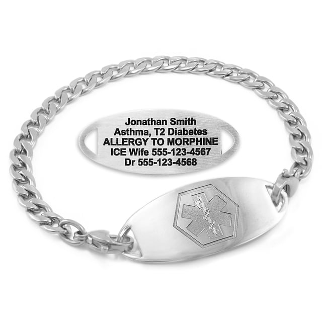 MedicEngraved Bracelet d'Alerte Médicale Personnalisé en Acier Inoxydable - Maillon Gourmette 5 mm
