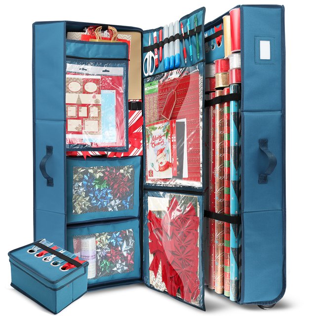 Hearth & Harbor Wrapping Paper Storage Organizer Container designed for Christmas wrapping paper rolls and holiday accessories. This under-bed storage box features a durable 600D Oxford fabric construction with reinforced handles and smooth-rolling wheels for easy mobility. The organizer includes compartments for wrapping paper rolls, ribbons, gift bags, and other supplies, with mesh pockets, a ribbon box, and a center flap for organization. Dimensions are 14” x 40” x 7”, offering a compact and efficient storage solution. The blue container is tear, puncture, water, and fade-resistant, ensuring long-lasting use.
