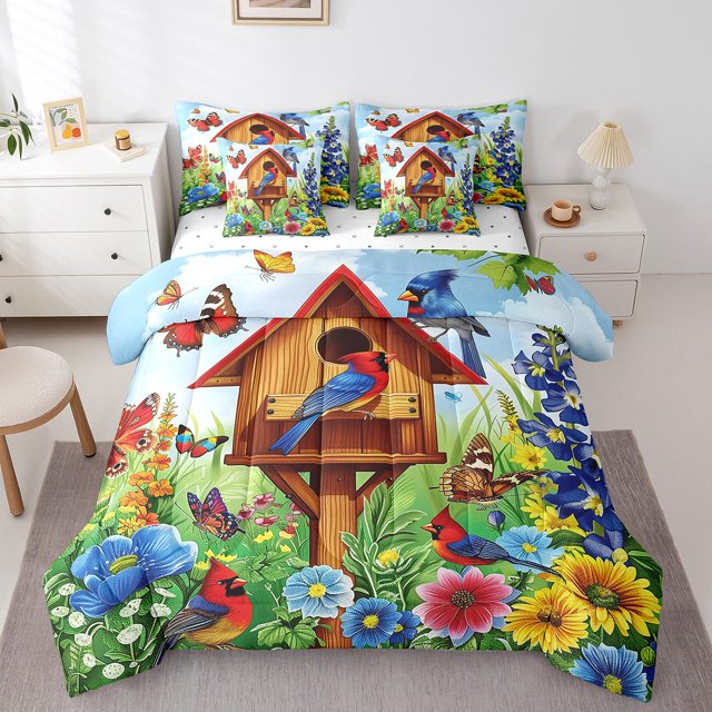 7 Piece Cardinal Hummingbird Bed In A Bag Full Garden Floral Comforter Set Rustic Butterfly Botanical Flower Bedding Set Country Farmhouse Bedding Comforter Sets Nature Home Decor