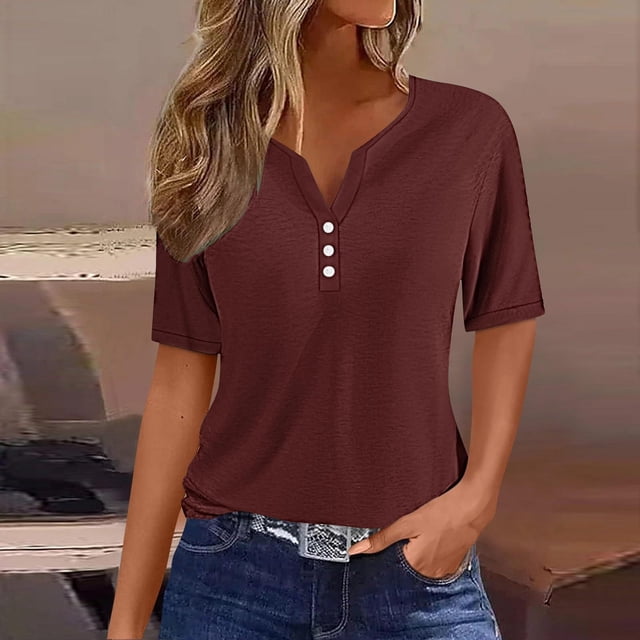 Jsaierl Womens Casual Notched V Neck Short Sleeve Shirts Summer Solid Color Work Tunics Simple Basic Bussiness Blouses