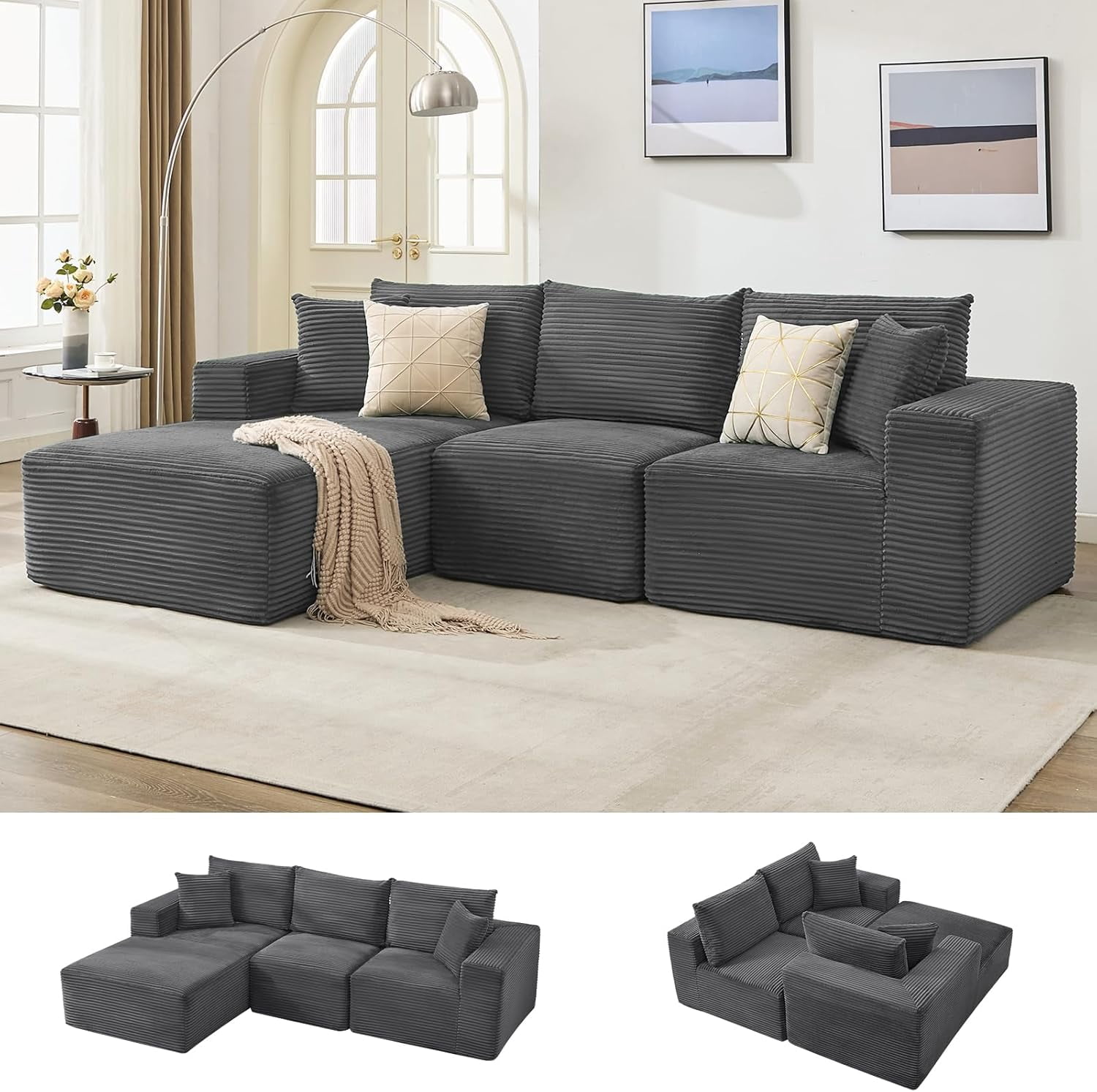 108 in Modular Sectional Sofa, Corduroy L-Shaped Sofa with Deep Seat & Throw Pillows, No Assembly, Comfy Cloud 3-Seater Couch with Chaise, Memory Foam Couch for Living Room, Grey