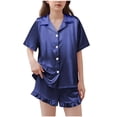 thumbnail image 1 of BLVB Girls Pajamas Satin Pajama Set Silk Pjs Short Sleeve Button down Shirts Summer Ruffle Sleepwear for Big Kids 5-15Y, 1 of 6