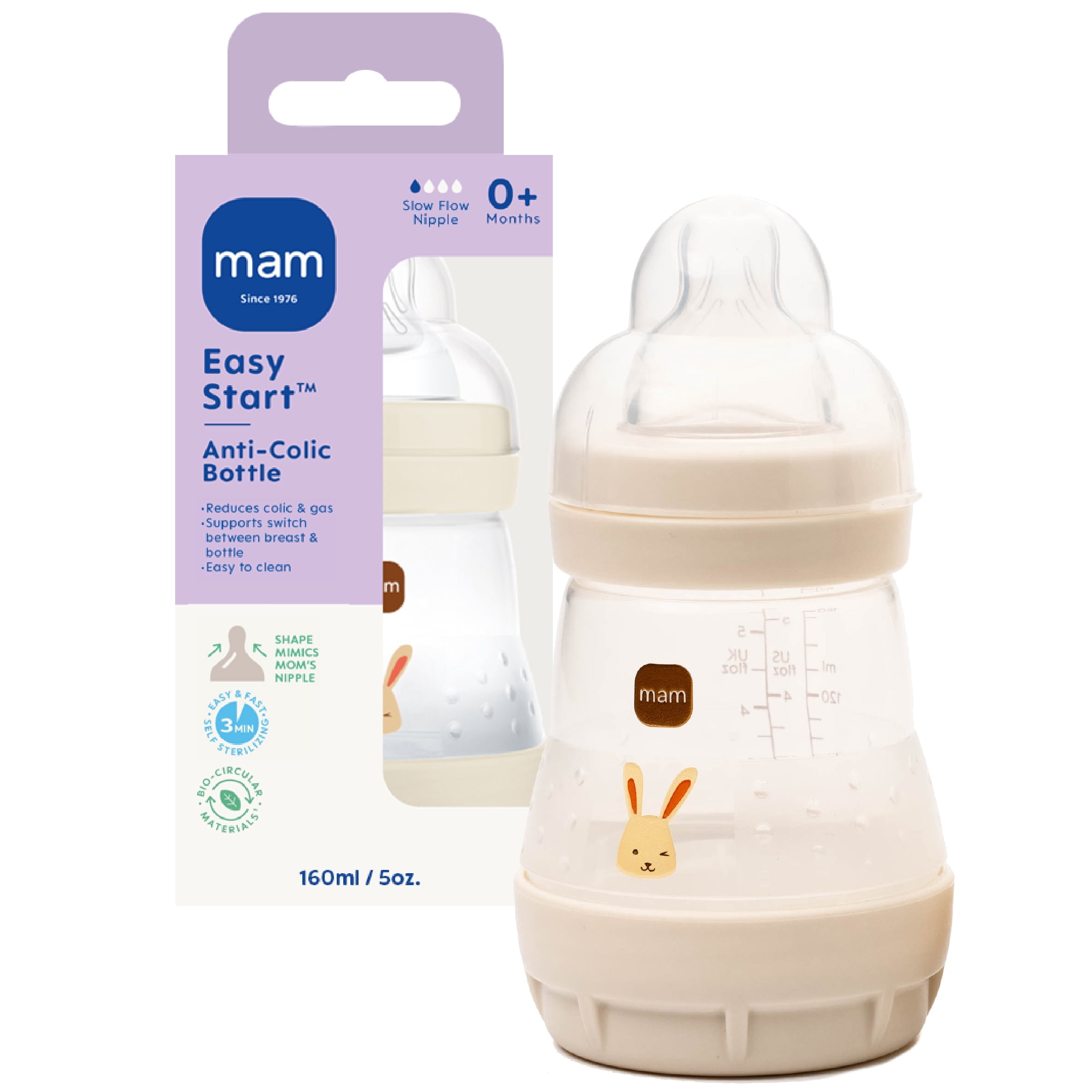 MAM Easy Start Anti-Colic Bottle, Newborn Essentials, Slow Flow Bottles with Silicone Nipple, Unisex Baby Bottles