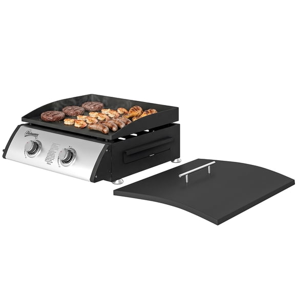 2 Burner Portable Gas BBQ Grill, Silver Stainless Steel Tabletop Plancha with Non-Stick Hotplate, 18000 BTU Total, Includes Regulator & Hose for Camping, Picnic, and Patio Use