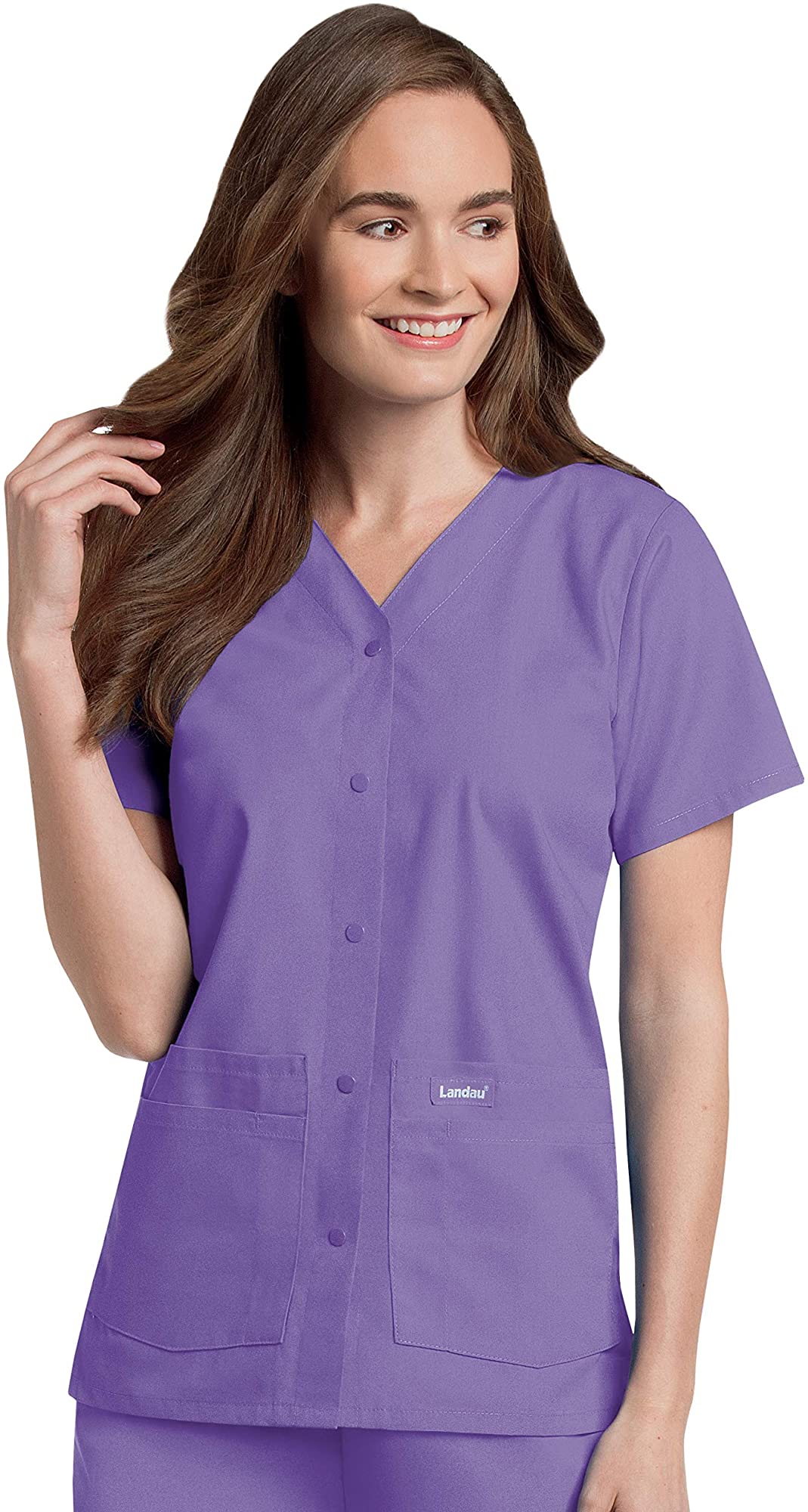 Landau Essentials Haut d'Uniforme à Boutons-Pression pour Femme, Coupe Classique Décontractée, Col en V, 4 Poches