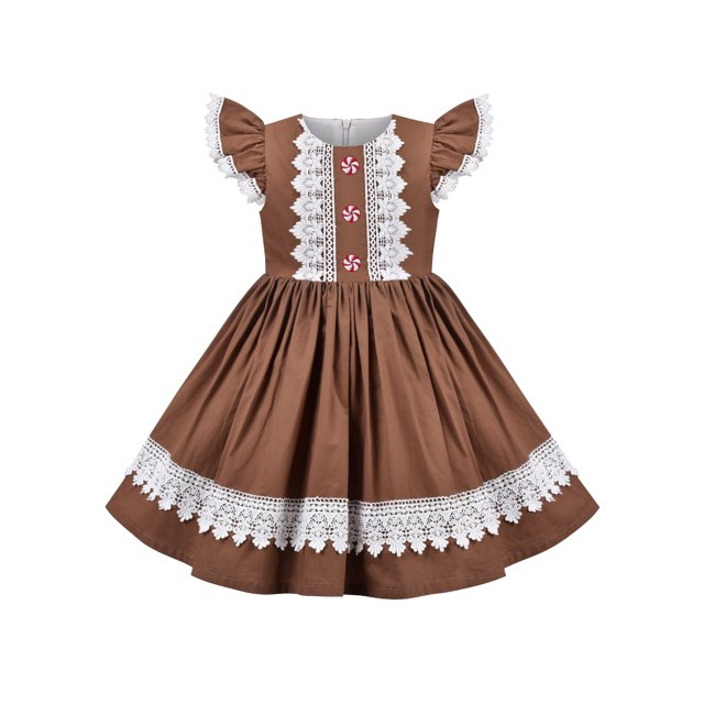 Girls Dress Vintage Brown Floral Trim Embroidery Candy Canes Flutter 7 Years