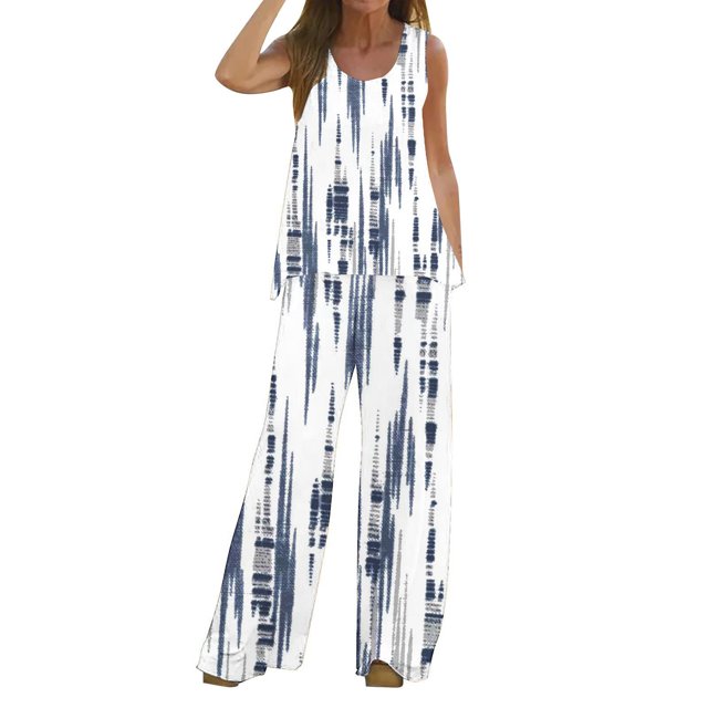Mikilon Ensemble Stylé pour Femme 2 Pcs Décontracté Ample Imprimé Camisole Pantalon Long Sans Manches Col Rond Haut/chemise Ensemble Bleu Pâle L