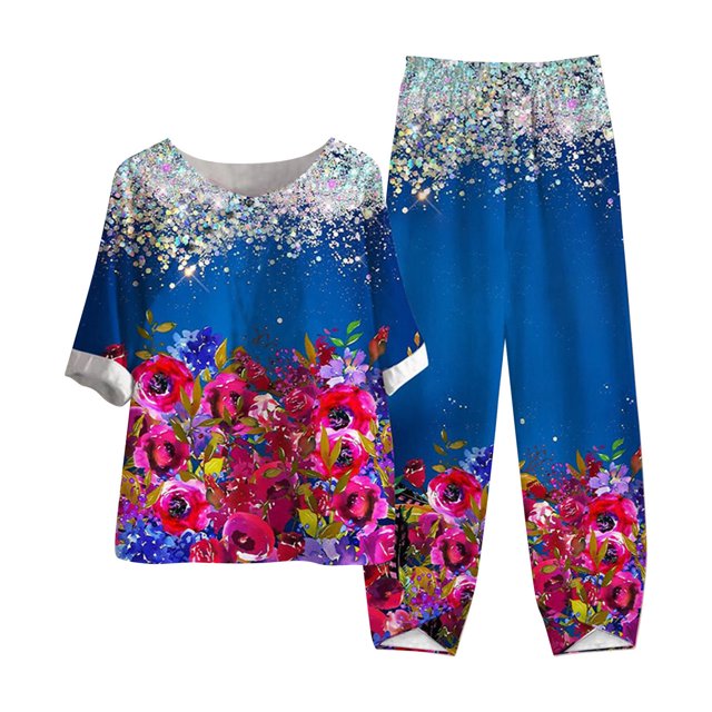 Mikilon Ensemble Élégant pour Femmes 2 Pcs Coton Lin Imprimé Manches Cinq-Quarts Col Rond + Pantalon Décontracté Bleu TP