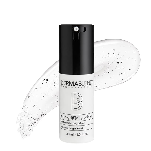 Dermablend Insta-Grip Jelly 3-In-1 Multi Tasking Primer, 1-ounce bottle with a sleek black pump dispenser and white base. The silicone-free face primer features a gripping jelly texture for 24-hour makeup hold, minimizes pores, and provides instant hydration. Ideal for dry skin, it also lifts and tightens. The background includes a smear of the clear jelly primer with visible texture.