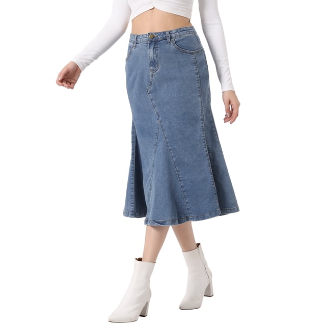 Unique Bargains Jupe en Denim Décontractée pour Femme Taille Haute Évasée Midi Bleu P