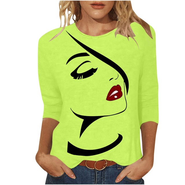 Penkiiy Hauts pour Femmes Mode Femmes T-shirt Imprimé Mi-Long Manches 3/4 Blouse Col Rond Hauts Décontractés Vert Vêtements Y2K