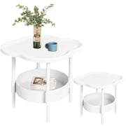 Modern 2 Tier Round Side Table End Table with Removable Tray Plastic Nightstand Outdoor Patio Accent Table Bedside Storage Stand for Living Room Bedroom Balcony