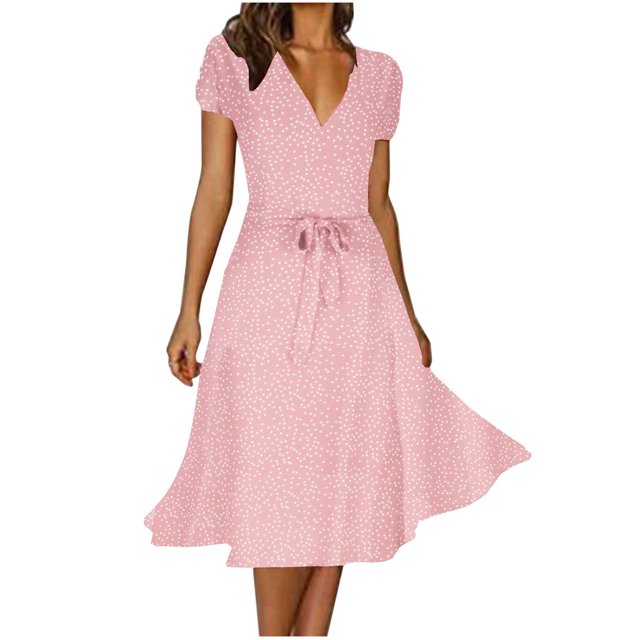 Penkiiy Robe Midi pour Femmes 2024 Été Décontractée à Fleurs à Manches Courtes Smockée Robes Midi Boho à Col en V Robes de Plage Soleil S Rose