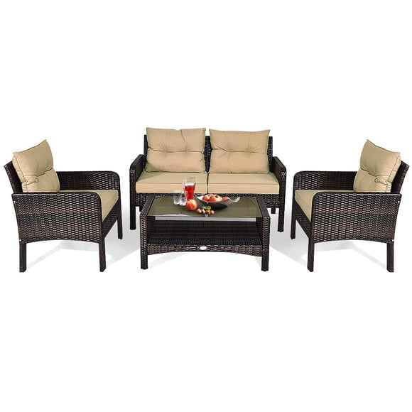Patiojoy Ensemble de Conversation de Patio 4 Pcs en Rotin Osier Causeuse Canapé Table Basse et Dessus en Verre