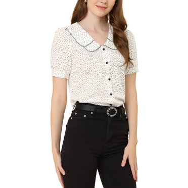 INSPIRE CHIC Blouse Vintage pour Femme à Pois Col Peter Pan Manches Courtes Bouffantes Chemise Haut Blanc P