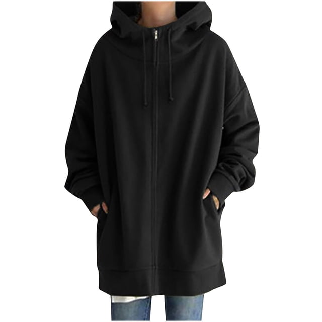 Womens Solid Color Hoodie Zipper Long Sleeve Sweatshirts Pockets Long Coat Tops