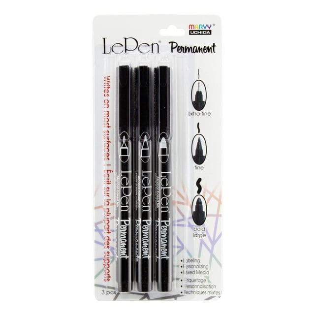 Uchida Le Pen Extra Fine, Fine, & Bold Points 3/Pkg-Black permanent markers set with black barrels and caps, featuring extra-fine, fine, and bold tips, designed for writing on most surfaces and suitable for bullet journaling, scrapbooking, and mixed media projects.