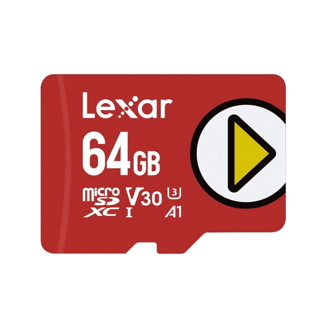 Lexar 64GB PLAY microSDXC UHS-I memory card in red with white text and a yellow play button icon, featuring V30, U3, and A1 speed class ratings for fast 1080p Full-HD video capture, gaming, and app performance.