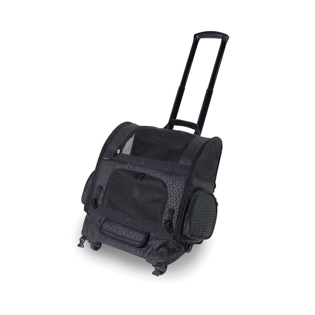 Gen7Pets RC2000 Roller-Carrier Pet Carrier in black geometric pattern with extended telescoping handle and four wheels, featuring top and front mesh ventilation, zippered side pockets, front zippered access, interior safety tether, and convertible backpack straps, designed for pets up to 20 pounds and suitable for smooth travel and easy carrying.