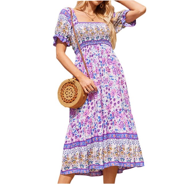 Faithtur Femmes d'Été Robe Bohème Manches Courtes Plissée Poitrine Motif Floral Boho Style une Pièce Jupe de Gâteau