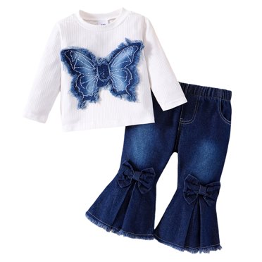 Splozh First Birthday Outfit Girl Butterfly Patch Long Sleeve Top Washed Cowboy Bow Horn Pants Girls Set Blue,6-9 Months