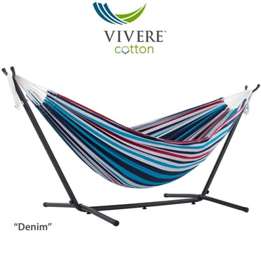 Vivere Hamac Double pour 2 Personnes en Coton avec Support et Sac de Transport, Denim