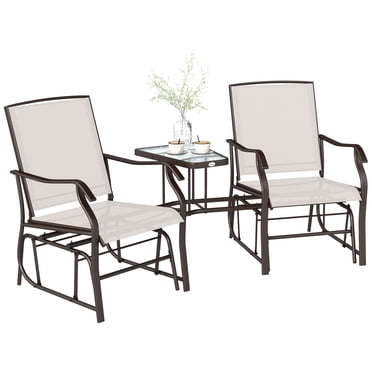 Outsunny Chaise Berçante Double de Patio avec Table Centrale à Dessus en Verre, Chaise Berçante d'Extérieur à Dossier Haut, Tissu Sling pour Jardin, Banc, Beige