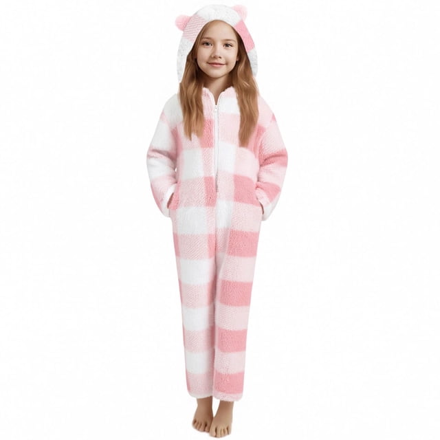 Combinaison à Manches Longues pour Filles, Combinaison à Capuche à Carreaux à Manches Longues, Tenue de Nuit Décontractée d'Hiver avec Chaleur, Rouge, Manches Longues