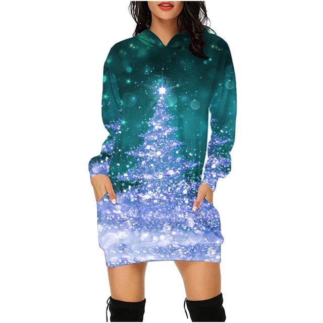 Jsaierl Robe à Capuche pour Femmes, Imprimé d'Arbre de Noël Doré, Mode Décontractée, Chandail à Enfiler à Manches Longues, Mini-Robe à Capuche avec Poche, Chandails d'Automne pour Femmes