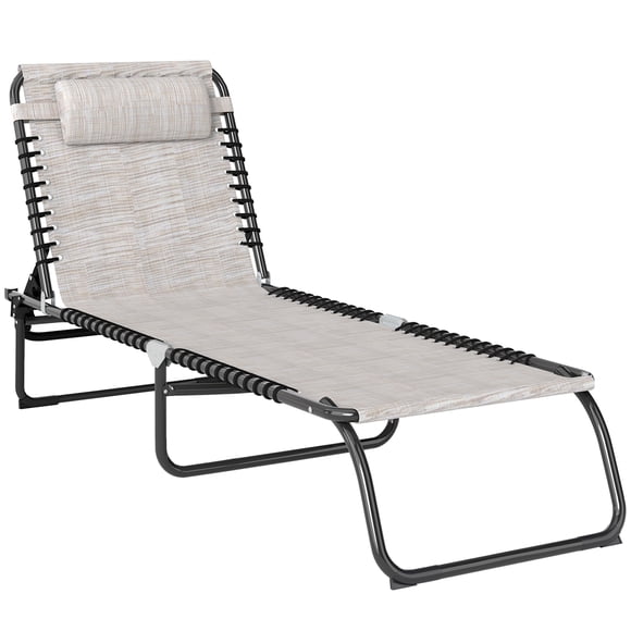 Outsunny Outdoor Folding Lounge Chair, 4-Level Adjustable Chaise Lounge with Headrest, Tanning Chair Beach Bed Reclining Lounger Cot for Camping, Hiking, Backyard, Beige