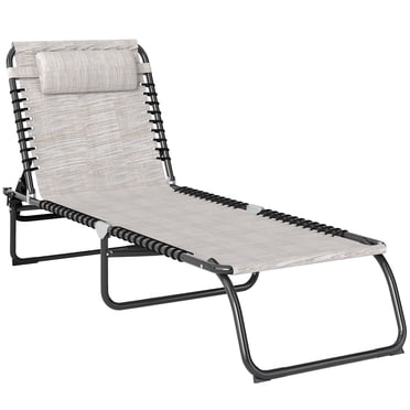 Outsunny Outdoor Folding Lounge Chair, 4-Level Adjustable Chaise Lounge with Headrest, Tanning Chair Beach Bed Reclining Lounger Cot for Camping, Hiking, Backyard, Beige