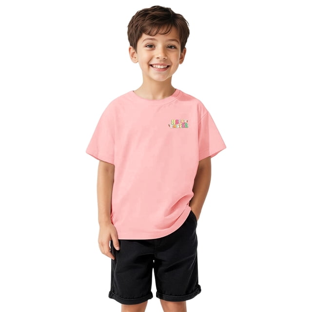 HNMKIU T-Shirt à Manches Courtes à Col Rond pour Garçons avec Imprimé de Pâques, Doux, Décontracté, Tenue de Vacances, Haut pour Enfants, Rose, 4-5 Ans