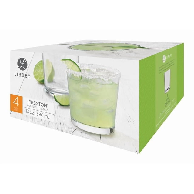 Preston Double-old-fashioned Glasses set of 4 clear glass tumblers with a classic flared design and wide mouth, each holding 13 oz (386 ml), shown with a lime wedge and salted rim on one glass, suitable for cocktails, water, and soda, dishwasher safe.