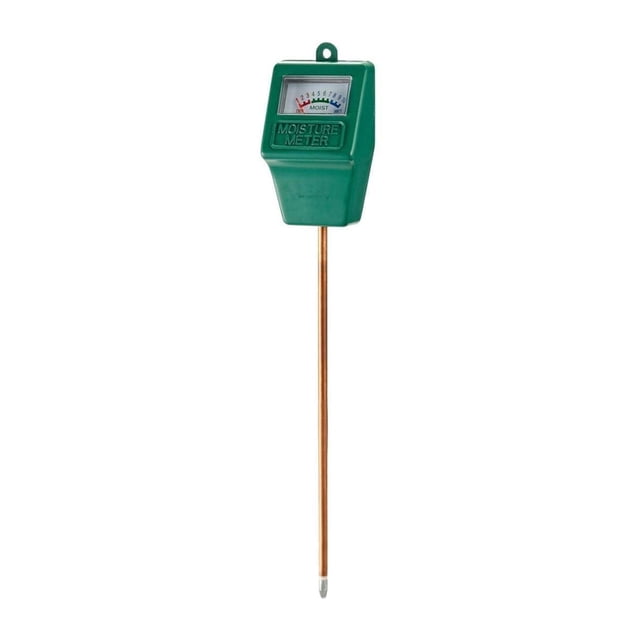 VONKY Moisture Tester Metal Plant Humidity Meter Garden Water Detection Flower Soil Sensor Tool featuring a green plastic casing with a clear analog moisture gauge and a long metal probe for soil insertion. Designed for testing soil moisture levels in gardens, potted plants, and flower beds.