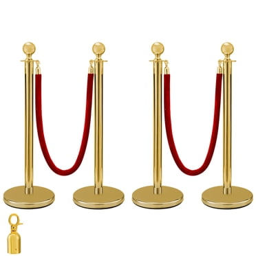 VEVOR 4Pcs Stainless Steel Stanchion Posts 2 Red Velvet Ropes Silver 38In Crowd Control Barrier With 5FT Rope and One More Hook For Theaters, Party, Wedding, Exhibition, Ticket Offices, Crowd Control
