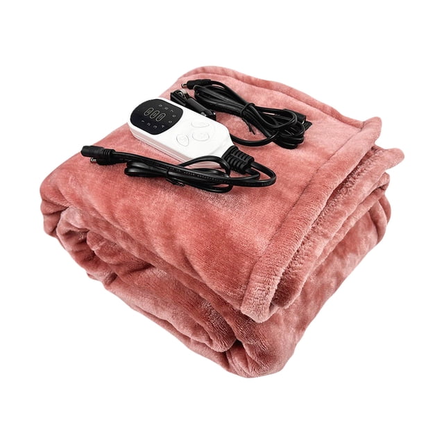 EGNMCR Electric Blankets 100*75CM Car Heated Blanket Electric Throw in a soft pink flannel material, featuring a 9-speed temperature controller and detachable power cords. This machine-washable electric blanket offers 9 fast heating modes, 8-hour auto-off functionality, and overheat protection for safety. Ideal for use in cars or at home, it provides quick and even heat distribution with a preheat function. The compact size and double-sided flannel design ensure comfort and portability.