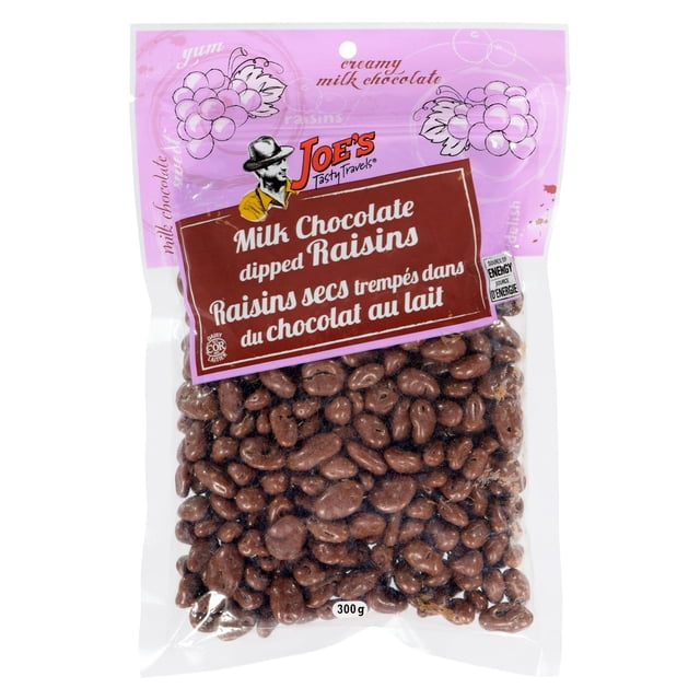 Milk Chocolate Dipped Raisins in a 300g resealable bag by Joe's Tasty Travels, showing plump raisins coated in smooth milk chocolate with bilingual English and French labeling on a pink and clear package, suitable for a sweet snack.