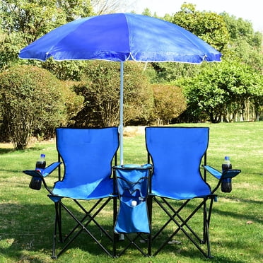 Costway Chaise Double de Pique-Nique Pliante Portable avec Parasol, Table, Glacière, Plage, Camping