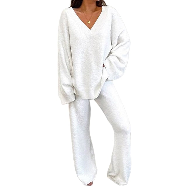 LUXUR Ensemble de Pyjama Sport Épais en Polaire pour Femmes Blanc 3TG