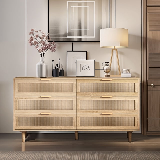 Commode en Rotin pour Chambre avec 6 Tiroirs, 59,06 Po Commodes Bohèmes pour Chambre, Grande Commode, Garde-Robe, Meuble Télé Bohème pour Salon