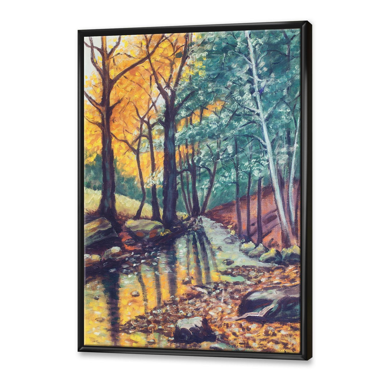 Designart paysage, à, rivière, dans, forêt automne, coucher soleil ART MURAL À CADRE FLOTTÉ